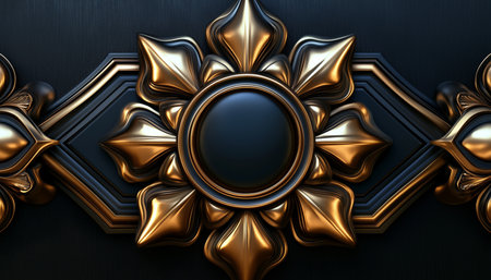 A close-up of a decorative golden floral frame with a black background, featuring a circular central element.の素材