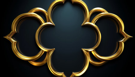 A close-up of a golden ornamental frame with curved shapes against a black background. The frame is elegant and decorative, with a minimalist design.の素材
