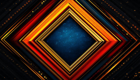 A vibrant, abstract background featuring a diagonal pattern of gold, red, and blue geometric shapes with a metallic, luxurious feel.の素材