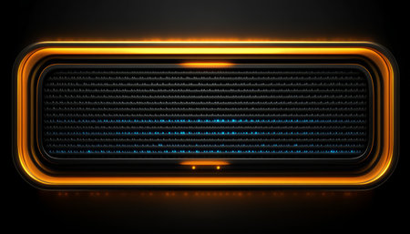 A close-up of a futuristic panel with glowing orange edges and a blue illuminated grid.の素材
