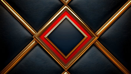 A geometric design featuring a red and gold frame against a black leather background.の素材
