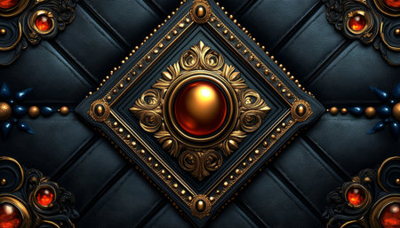 A close-up of a diamond-shaped frame adorned with intricate gold detailing, studded with gemstones, on a black leather background.の素材