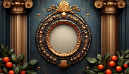 A golden ornate oval frame with Roman columns on either side, adorned with citrus fruits and leaves.の素材