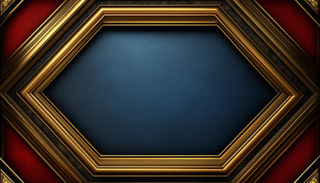 A close-up image of an ornate gold and black frame surrounding a blue octagonal space.の素材