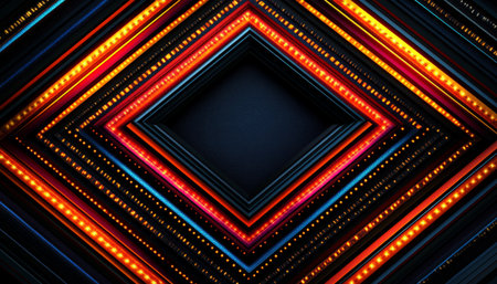 An abstract geometric pattern with glowing orange lines and a black frame, creating a vibrant and modern design.の素材