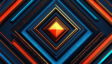An abstract geometric design featuring interlocking frames in shades of blue, orange, and yellow, creating a visually engaging and modern aesthetic.の素材