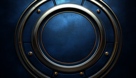 A close-up of a circular metallic frame with gold accents and studs on a dark blue background.の素材