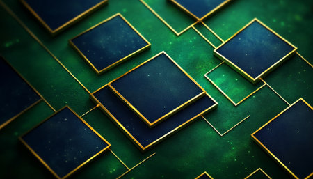 A close-up image showcasing an abstract design with gold-trimmed blue squares arranged in a geometric pattern against a green background.の素材