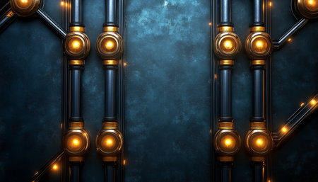 A close-up image of stylized, metallic pipes with glowing lights against a textured blue background.の素材