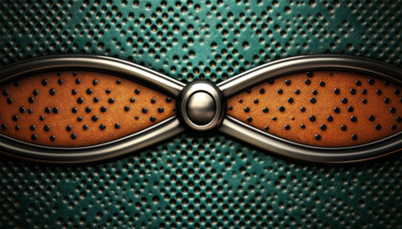 A close-up image of a metallic, eye-shaped design with a dotted texture. The design features a central round element and two eye-shaped segments with a dotted surface. The background is a teal patterned surface.の素材