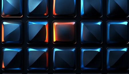 A close-up image of a grid of dark blue squares with a single, glowing orange square in the center.の素材