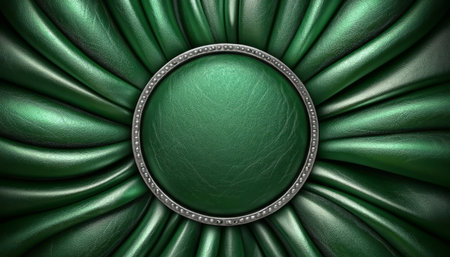 A close-up view of a green leather surface with a circular silver frame, creating a luxurious and vintage design.の素材