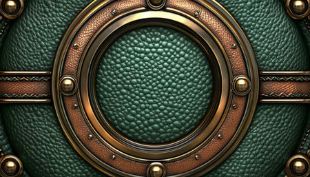 A close-up of a green leather surface with gold and brown accents in a circular pattern.の素材