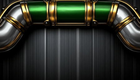 A curved metallic pipe with a green panel and gold trim sits atop a black striped background.の素材