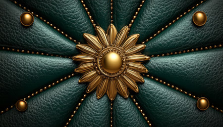 Close-up detail of a gold flower ornament on green leather upholstery, showcasing a luxurious and sophisticated design.の素材