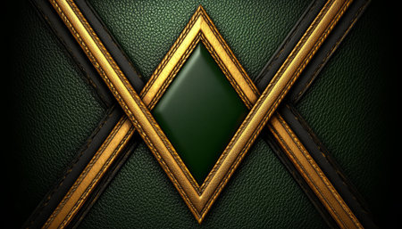 A textured green leather background with intricate gold and black framing, creating a luxurious and elegant design.の素材