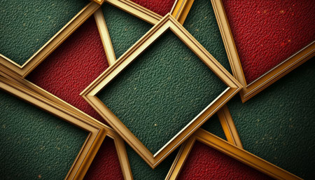A close-up of several golden picture frames overlapping and forming an abstract design on a green and red textured background.の素材