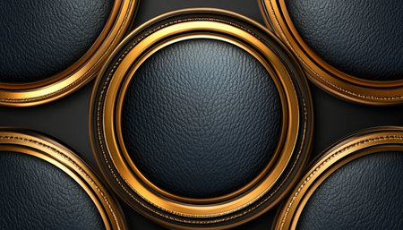 A close-up of circular golden frames with black leather inlays, showcasing their intricate details and elegant design.の素材