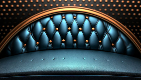 A close-up view of a luxurious blue leather surface with gold accents and a quilted pattern.の素材