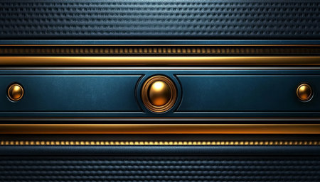 A close-up of a decorative panel featuring a blue background with a gold-rimmed circular centerpiece and gold stripes at the top and bottom.の素材