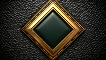 A diamond-shaped frame with ornate details is set against a black leather background, with a green leather center.  The frame and leather create a luxurious and elegant look.の素材