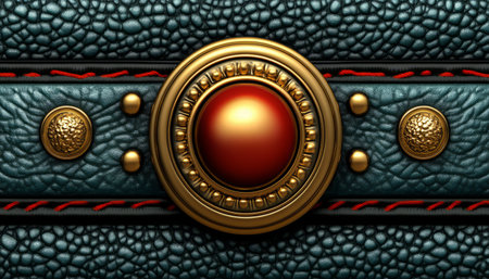 A close-up image of a large, ornate gold button with a red gemstone, set against a textured teal leather background.の素材