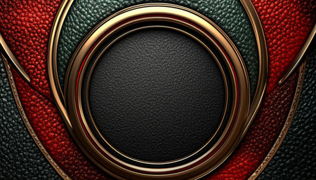 A black leather circle with a gold and red embellished frame.の素材