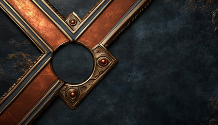 A close-up view of an intricate golden and copper frame with a circular cutout, set against a dark, textured background.の素材