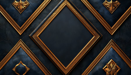 An image showcasing a composition of gold ornate frames against a black textured background, featuring geometric patterns and decorative elements.の素材