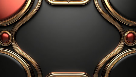 A black background with gold and red circular and oval accents, creating an ornate frame-like design.の素材