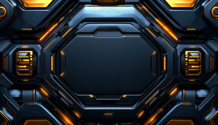A digitally rendered image of a futuristic metallic panel with a glowing orange accent.の素材