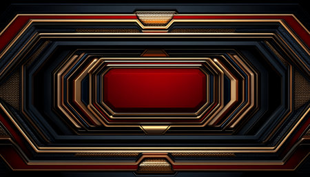 A geometric abstract design with a red center surrounded by black and gold frames.の素材