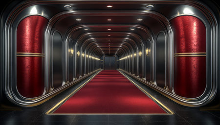 An image of a hallway with a red carpet, featuring gold accents, arched ceilings, and a black-and-silver color scheme, creating a luxurious and grand atmosphere.の素材
