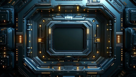 A close-up of a futuristic technology interface with a central display surrounded by glowing lights and metallic panels.の素材