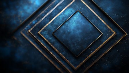 A close-up of a square frame in gold and blue with a textured background, featuring shimmering glitter.の素材