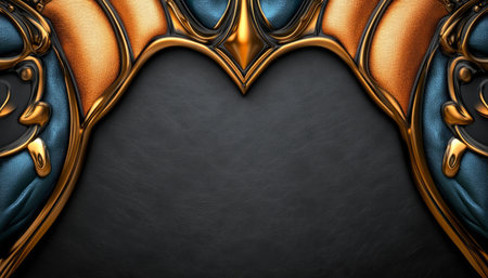 A digital illustration depicting an abstract background with a black textured surface and gold and blue metallic trim forming a border.の素材