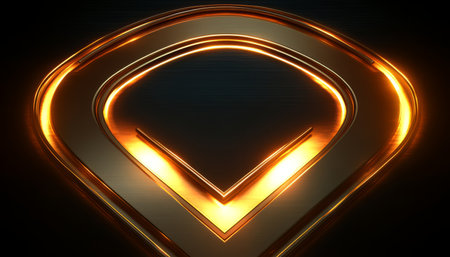 An abstract 3D image featuring a golden frame with glowing edges and a center arrow. The image is rendered in a dark background.の素材