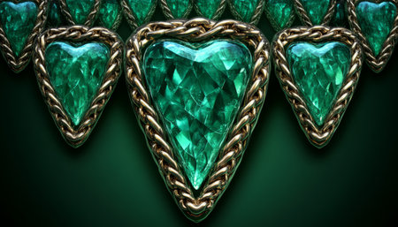 A close-up of a luxurious piece of jewelry featuring green heart-shaped gemstones set within a gold chain.の素材