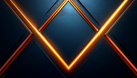 A digital image depicting abstract diagonal lines with glowing orange lights on a dark blue background, creating a geometric and modern design.の素材