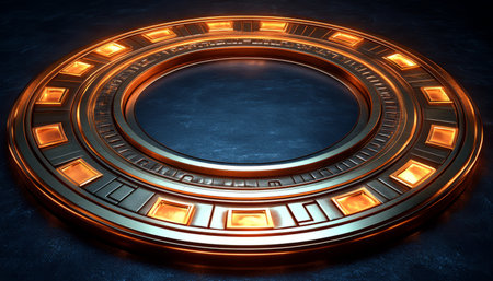 A circular frame with an intricate, metallic design that glows orange against a dark blue background.の素材