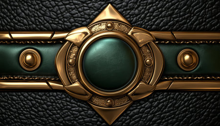 A close-up of an ornate gold emblem with a circular emerald gemstone set against a black leather background.の素材