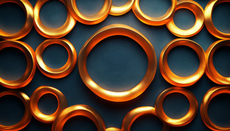A close-up shot of multiple shiny, golden rings arranged on a dark blue textured background.  The rings are arranged in a seemingly random pattern with one large ring in the center.の素材