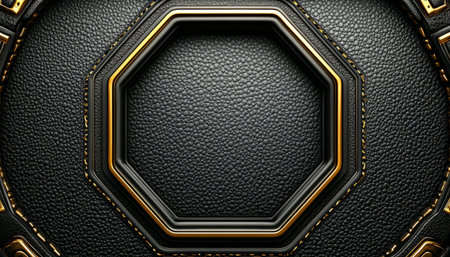A close-up of a black leather surface with a gold-trimmed octagonal frame.の素材
