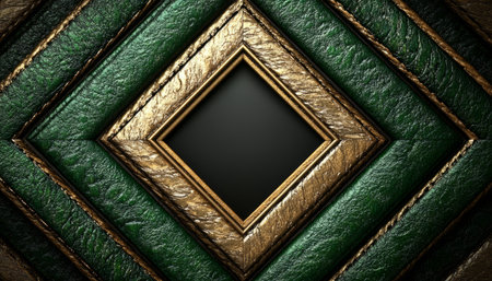 A close-up image of a diamond-shaped frame with a textured green exterior and a gold trim, showcasing a black center.の素材