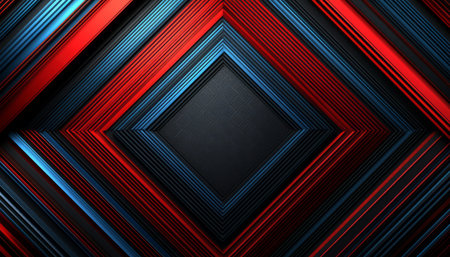 A dark abstract geometric pattern composed of red and blue stripes arranged diagonally, forming a frame around a black space.の素材