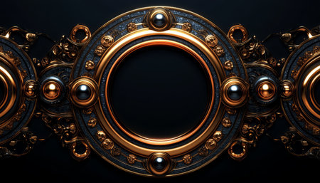 A luxurious, circular, golden frame with a black background and decorative, ornamental details.の素材