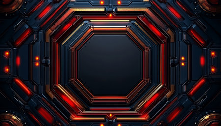 A futuristic, metallic octagonal frame with red and gold accents.  The frame is set against a dark blue background and is illuminated by glowing lights.の素材