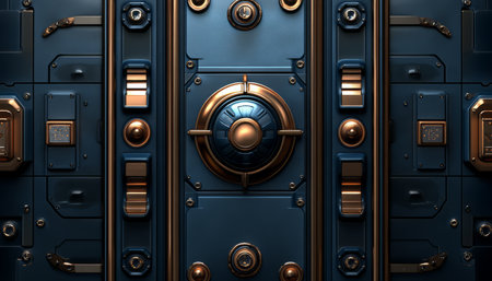 A close-up view of a blue metallic panel with a circular element and gold accents, showcasing a futuristic and industrial aesthetic.の素材