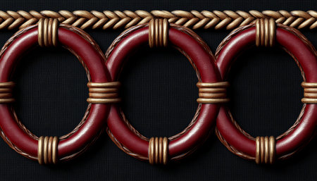 A stylized pattern of three intertwined red and gold rings with a braided gold border against a black background.の素材