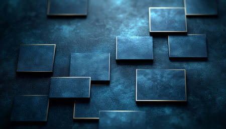 A collection of blue tiles with golden edges arranged on a textured surface, creating a geometric and minimalist design.の素材